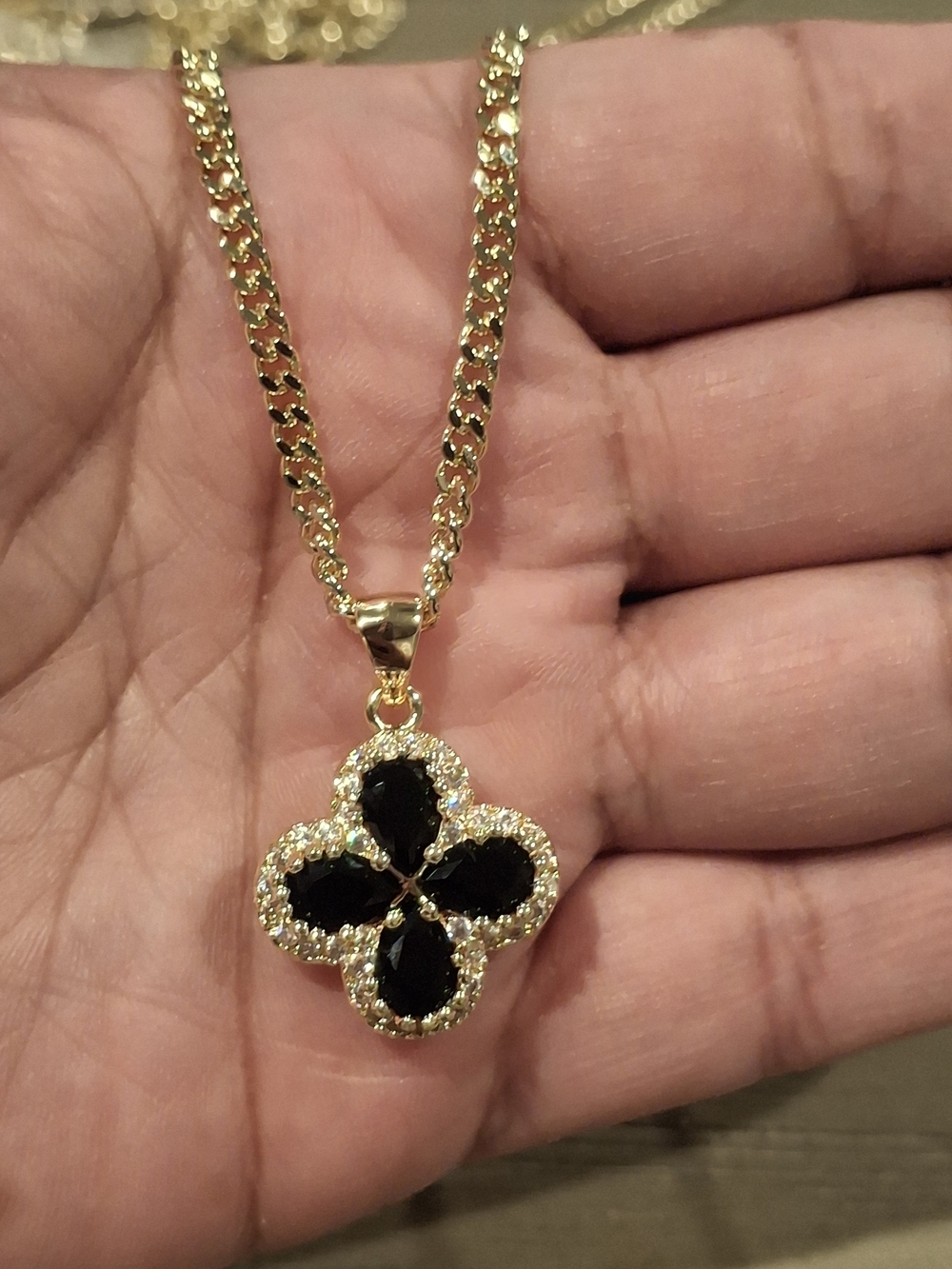 Gold-Tone Black Stone Clover Pendant Necklace